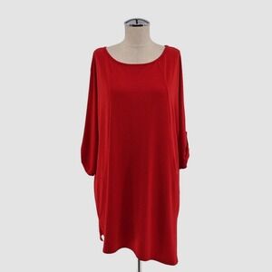 CLARA SUNWOO Red Shift Dress Size L Boat Neck Roll Tab Sleeve Asymmetric Holiday